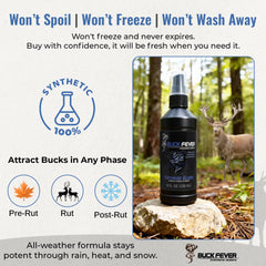 Moisture reactivation crystal reawakens Buck Fever scent after rain.
