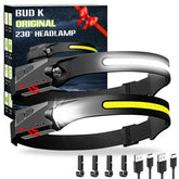 Bud K rechargeable headlamp with 230-degree wide beam for hands-free campsite visibility