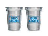 Bud Light aluminum cup set of 2, durable 16 oz pints for reuse.