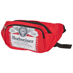 Budweiser fanny pack cooler side view with adjustable waist strap for comfort.