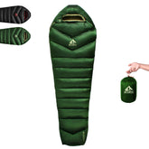 BUERTS down sleeping bag demonstrates packable compact design for backpacking trips.