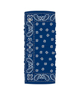 Buff CoolNet UV neck gaiter Santana Navy worn by a hiker for sun protection and cooling.