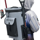 Buffalo Gear Fish Cooler Backpack 30L closed view emphasizing portability and ice retention for fishing trips.