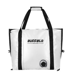 Buffalo Gear insulated fish bag cooler in white, top view shows stable, easy transport.