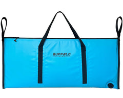 Buffalo Gear insulated fish cooler bag blue exterior shows rugged build for long boat trips.