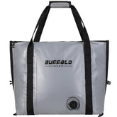 Buffalo Gear insulated fish cooler bag flat-bottom gray side view for stable transport.