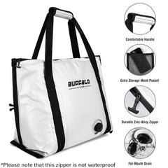 Buffalo Gear white waterproof fish bag, showing puncture-resistant material and easy cleaning.