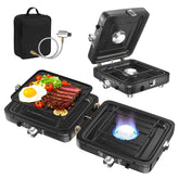 BUGPASS 2-burner camping stove assembly showing durable stability for outdoor cooking