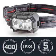 Bushnell PRO Rechargeable 400L headlamp with flood and spot modes for versatile lighting