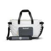 Bushnell Soft Cooler front view showing 30-can capacity on a sunny beach.