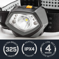 Bushnell TRKR 325L headlamp IPX4 rating for weather resistant use.