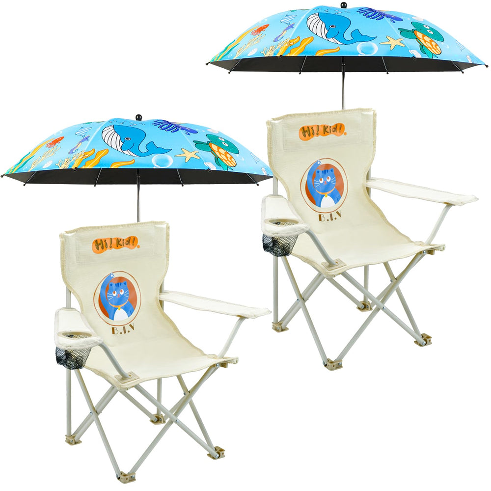 BUSYSIR kids camping chair blue-umbrella-setup demonstrates sun protection and quick comfort on the beach.
