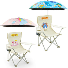 BUSYSIR kids camping chair pink umbrella: comfortable seating with sun protection at the beach.