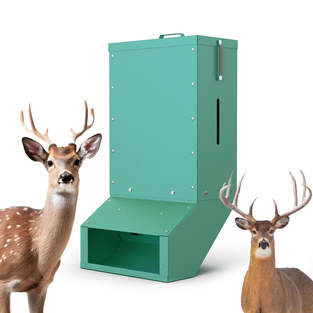 BUYYAH heavy-duty deer feeder box with 7-gallon capacity for fewer refills.