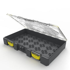 BUZBE Empty Colony 28 tackle box with waterproof gasket protects gear in wet conditions.