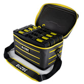 BUZBE Swarm 28 dry bag front view with yellow accents for visibility and organization.