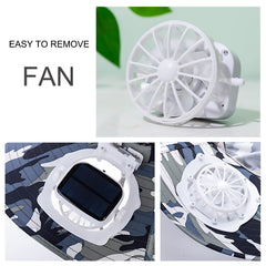 Byrotson hat solar panel powers cooling fans for outdoor comfort.