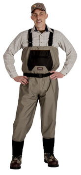 CADDIS Men's taupe breathable stocking-foot waders shown for all-day river comfort.