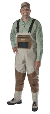 Caddis Deluxe breathable stockingfoot waders in taupe show all-day comfort and breathable performance.