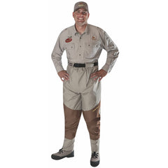 Caddis Wading Systems men's wader front view shows breathable taupe fabric for long fishing days