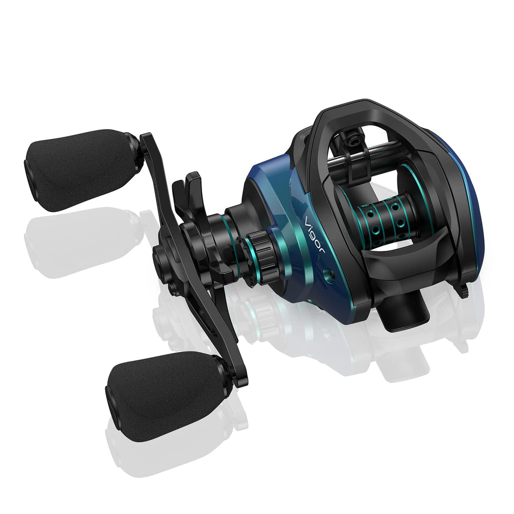 Cadence Vigor baitcasting reel with palm-compact design and chameleon finish