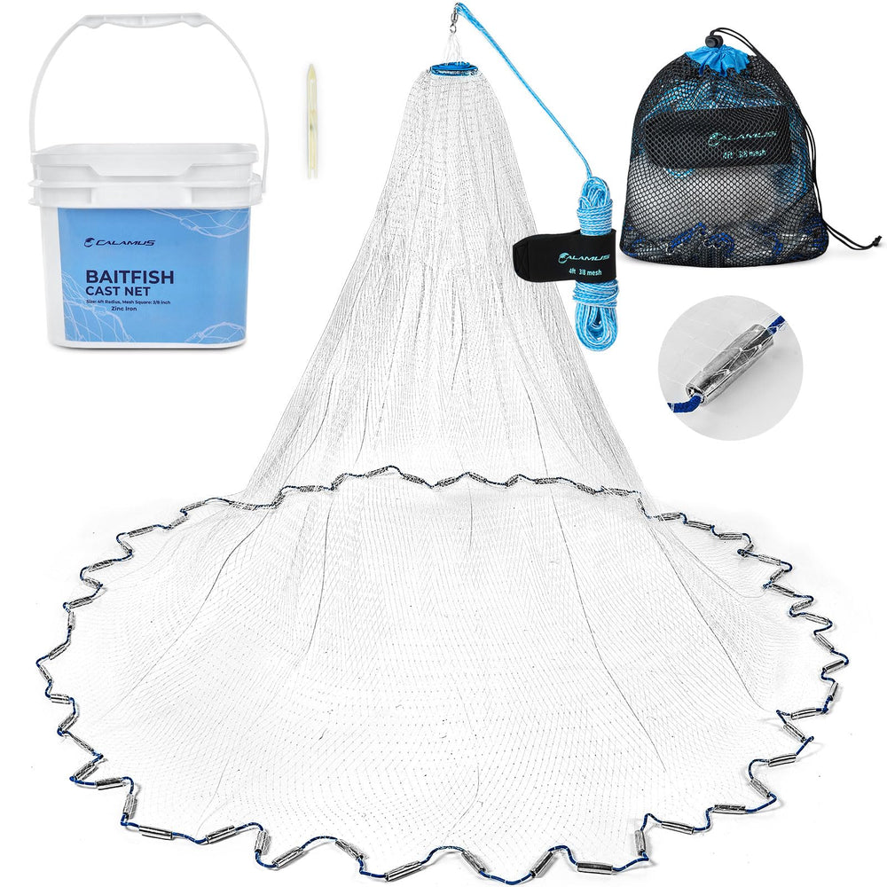 Calamus cast net 38-mesh in action, 3-6 ft radius for efficient bait catching.