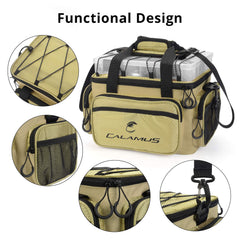 Open Calamus tackle bag showing internal compartments and pockets