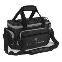 Calamus fishing tackle bag in black with padded shoulder strap