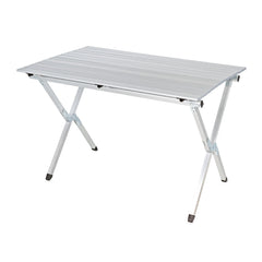 Camco aluminum roll-up table top offers sturdy, portable outdoor dining when camping.