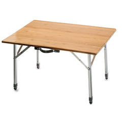 Camco folding table with bamboo top, ideal for RV meals and picnics.