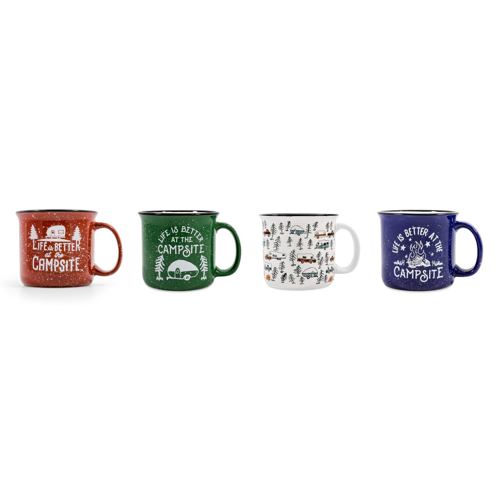 Camco red campsite mug: durable ceramic for coffee by the campfire.