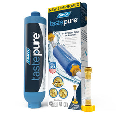 Camco TastePURE KDF/Carbon water filter blue body improves taste outdoors.