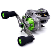 CAMEKOON Carbon 380 baitcasting reel – front view with smoky grey and green accents
