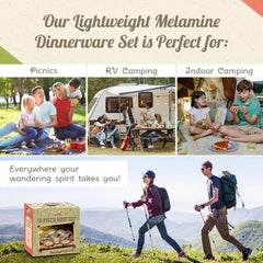 Camp Casual 12-piece melamine dish set in reusable box with handle.