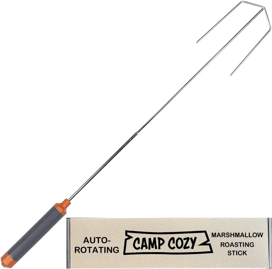 Camp Cozy safety marshmallow roasting stick assembly enables hands-free campfire roasting.
