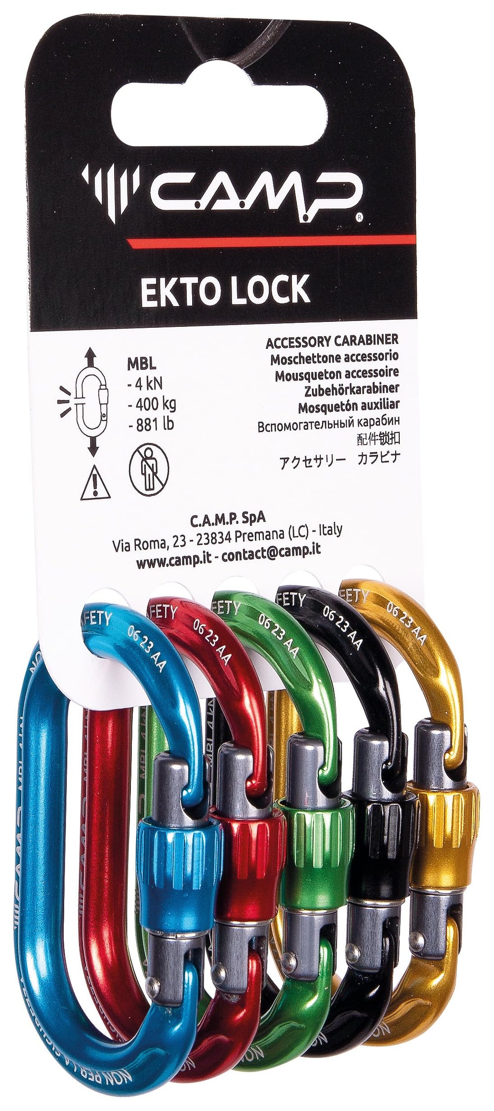 C.A.M.P. Ekto Lock screw carabiner; durable, lightweight for non-safety tasks.