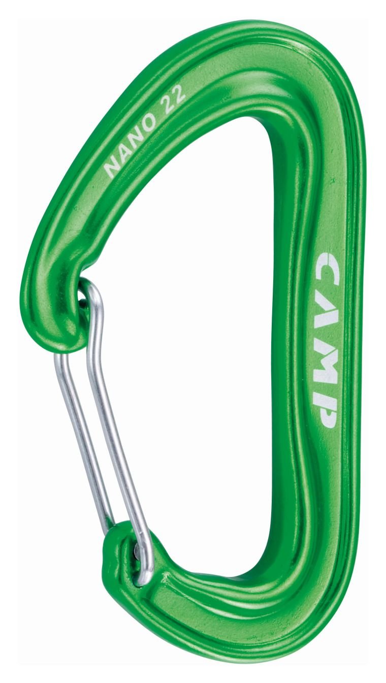 CAMP Nano 22 carabiner in green—ultralight strength for fast, secure rope clipping