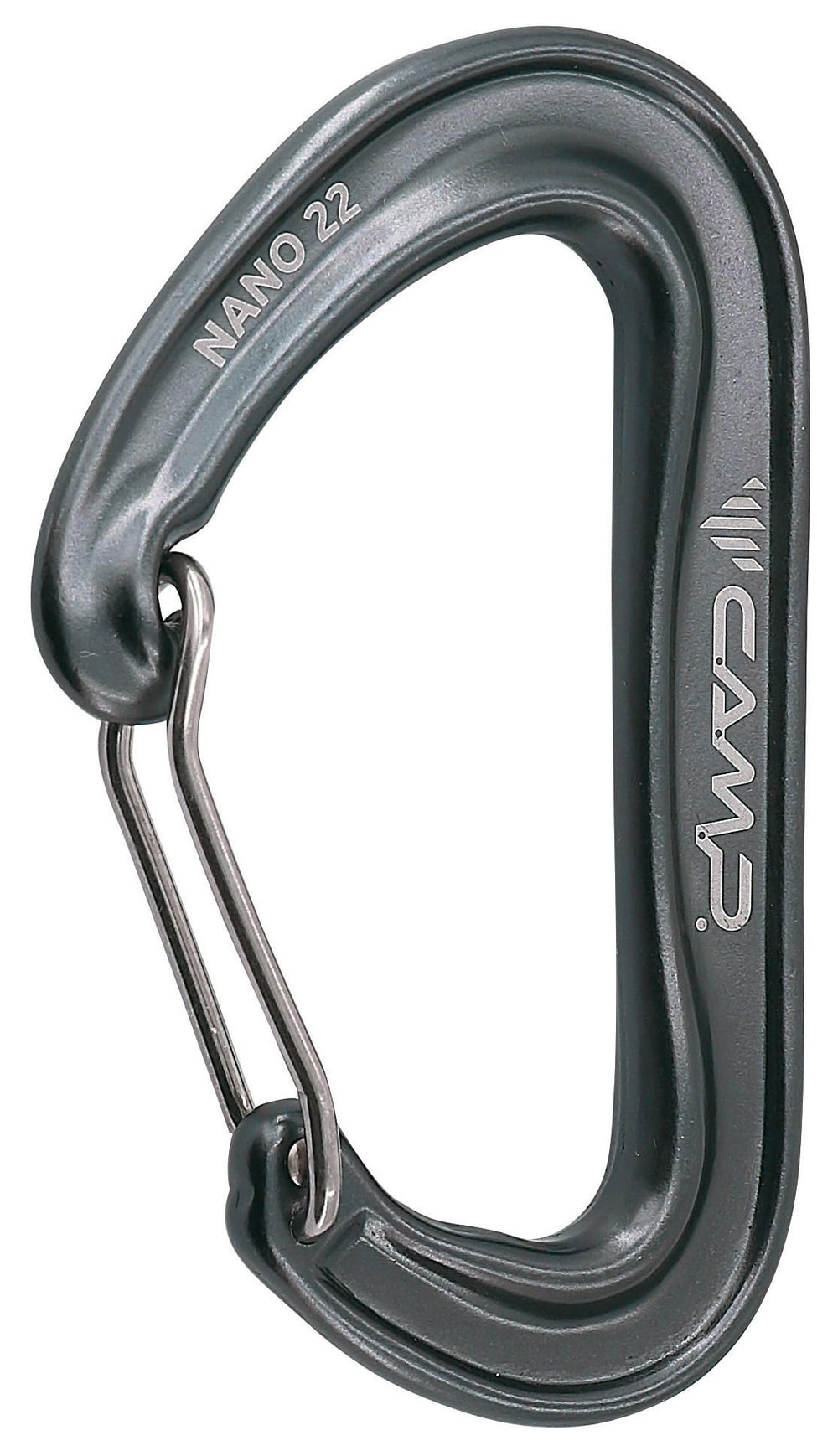 CAMP Nano 22 carabiner gun metal showing compact design and lightweight rope handling.