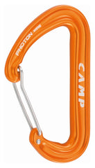 CAMP Photon Wire carabiner in orange, lightweight and easy to clip for gear setups.