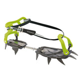 CAMP Stalker universal crampons front view on boots, showcasing secure fit and rigidity