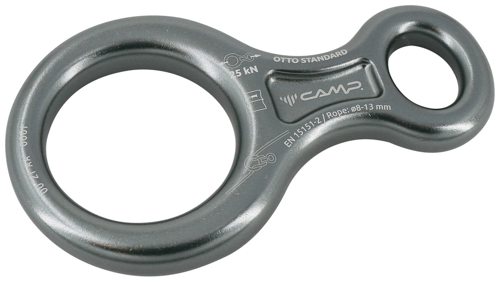CAMP Standard Figure 8 rappelling device enables smooth, controlled descents.