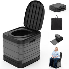 Camperperfect XXL portable toilet shows stable 16.7-inch height for secure campsite seating.