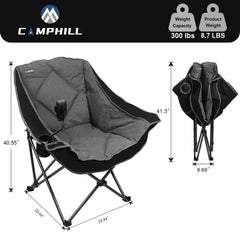 Camphill folding camping chair cup holder close-up demonstrates easy beverage access at tailgates.