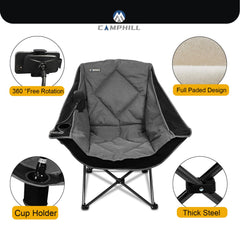Camphill folding camping chair phone holder close-up reveals hands-free device use while relaxing.