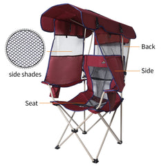 Camping Brothers beach chair with canopy maroon folded for compact transport