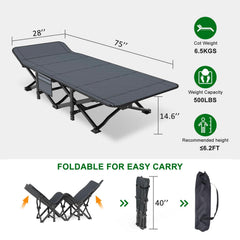 Camping Cot Extra Wide folded 41.3x9.8 with carrying bag for travel.