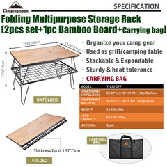 Camping Moon BBQ Grill folding storage rack opened shows versatile rack and table use at outdoor meals.