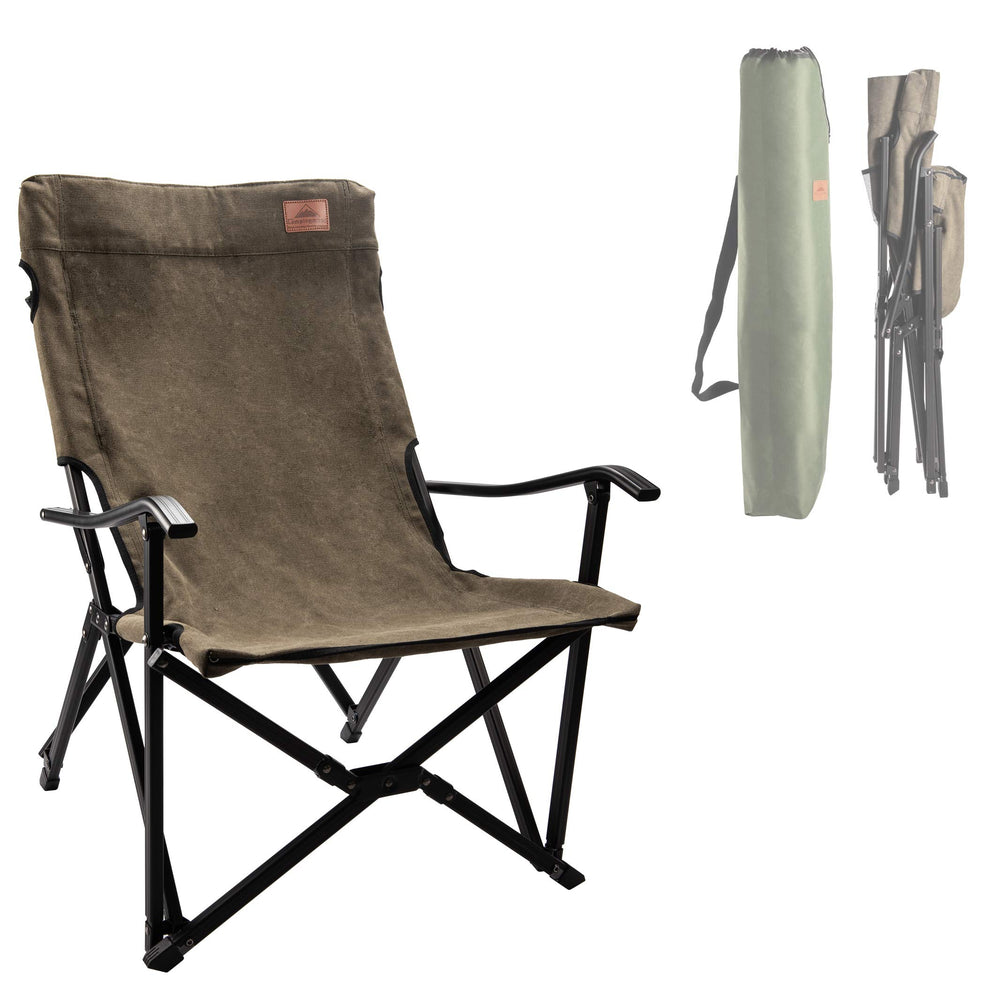 Camping Moon foldable cotton canvas chair back view showing low seat for easy bonfire seating.