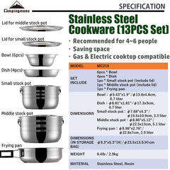 Camping Moon cookware highlights its stainless steel exterior shine.