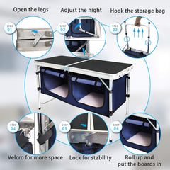 CampLand aluminum frame and MDF top provide a sturdy surface for meals